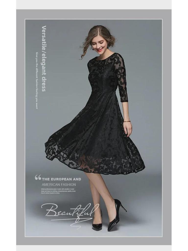 Übergröße Spitzen-Swingkleid mit Dreiviertelärmeln - Europäischer & Amerikanischer Stil, Slim Fit für Frühling und Herbst