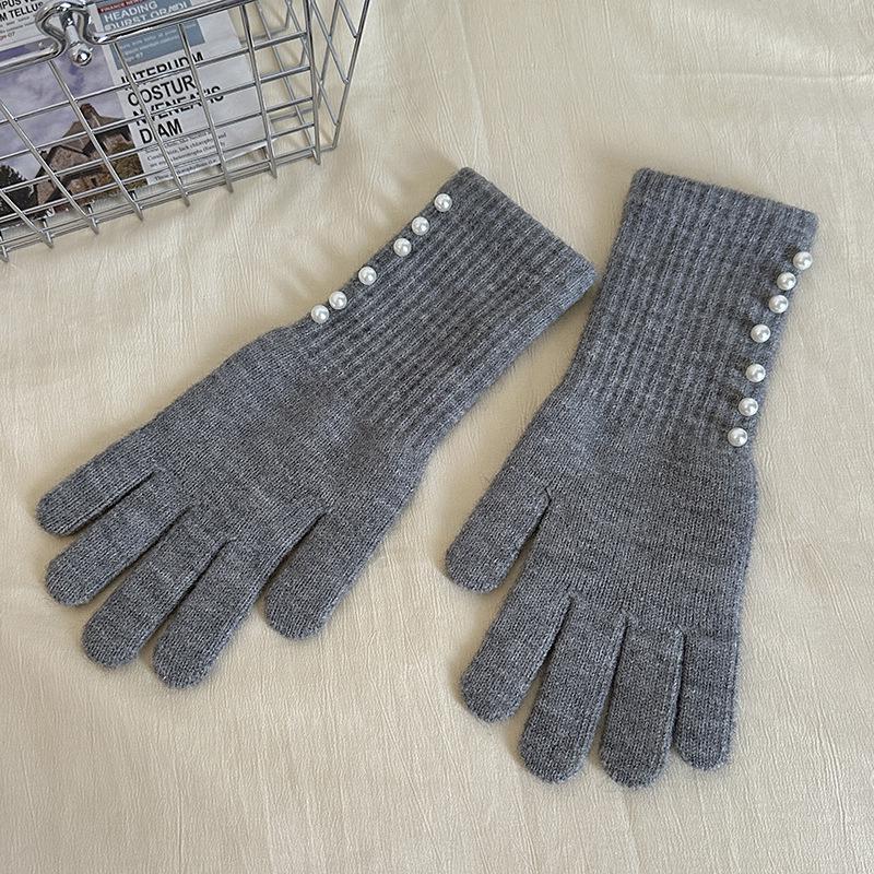Korean Style Autumn/Winter Pearl Fingerless Touchscreen Wool Gloves for Women