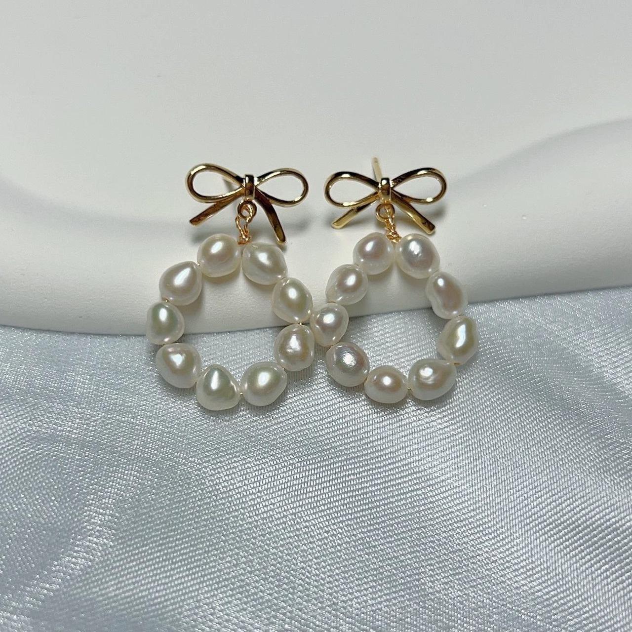 S925 Silver Needle, Natural Freshwater Baroque Pearl Bow Earrings Feminine Earrings Feminine Versatile Silver needle