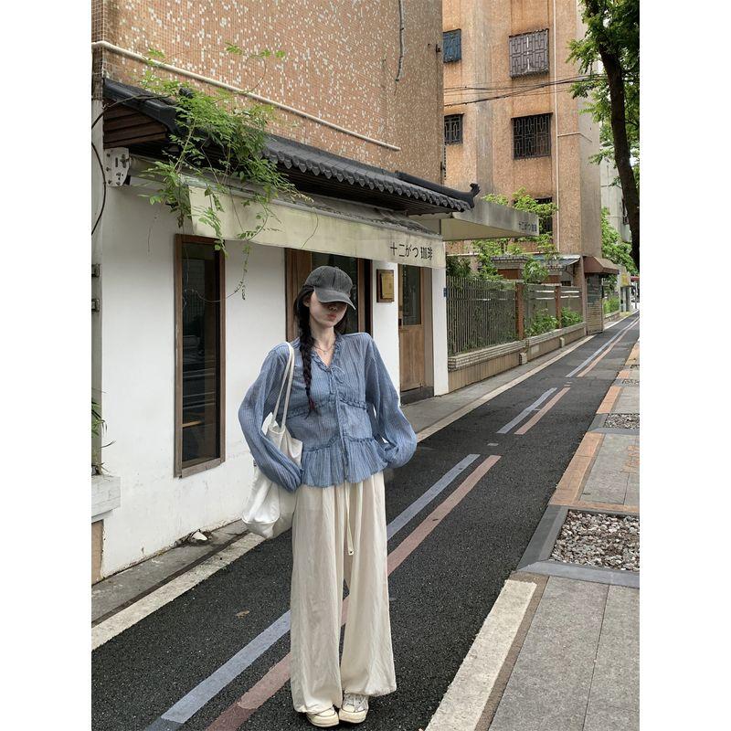 Kumikumi Design Sense Blue Plaid Lace-up Temperament Long Sleeve Shirts Women Autumn Loose Age-Reducing Versatile Top