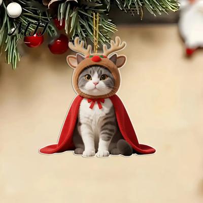 Decorative Christmas Tree Pendants Cat Ornament, 2D Flat Cartoon Acrylic Kitten Wearing Cape And Festive Car Rearview Mirror Charms Hat Hanging