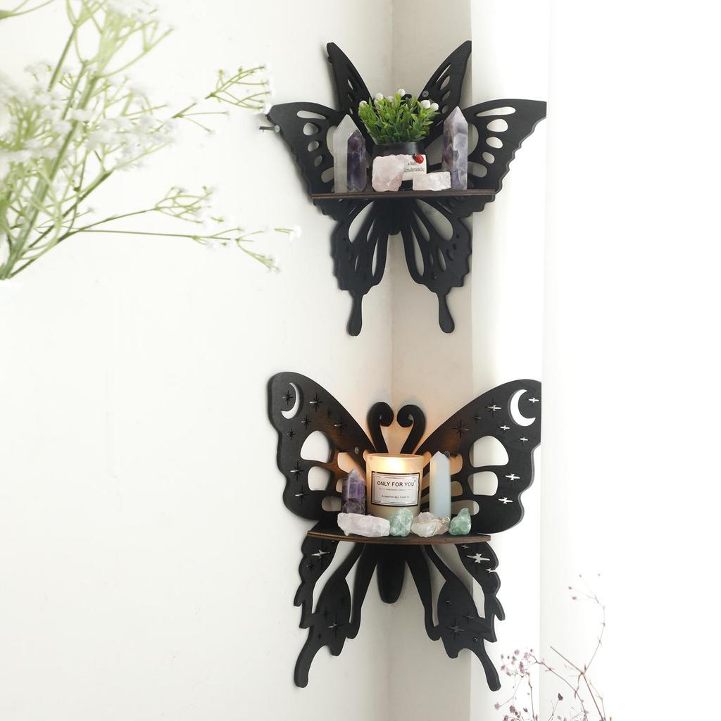 Black Wooden Hollow Butterfly Crystal Storage Shelf - Simple Wall Decoration for Home and B&B