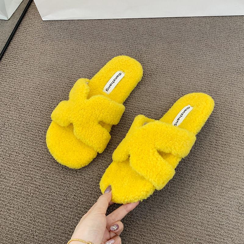 Internet Celebrity Plush Flat Bottom One-word Cotton Slippers Women's Wear 2025 Autumn and Winter New Soft Bottom Comfortable One Pedal Fluff Drag