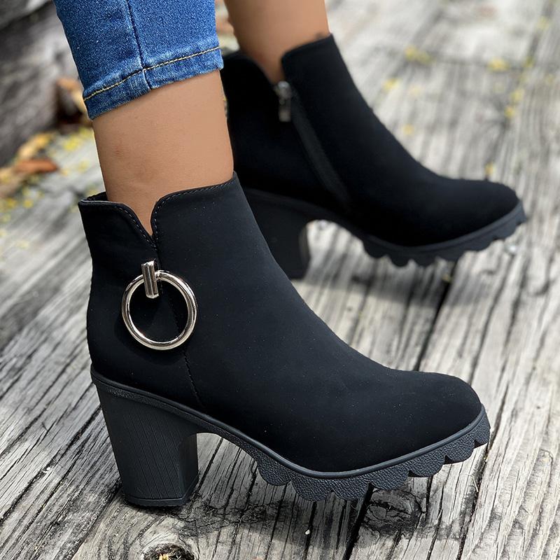 Woman Ankle Boots Spring Autumn Pointed Toe Low Heel Single Boots Black Heeled Suede Thick Heel Black Short Boots Plus Size 42