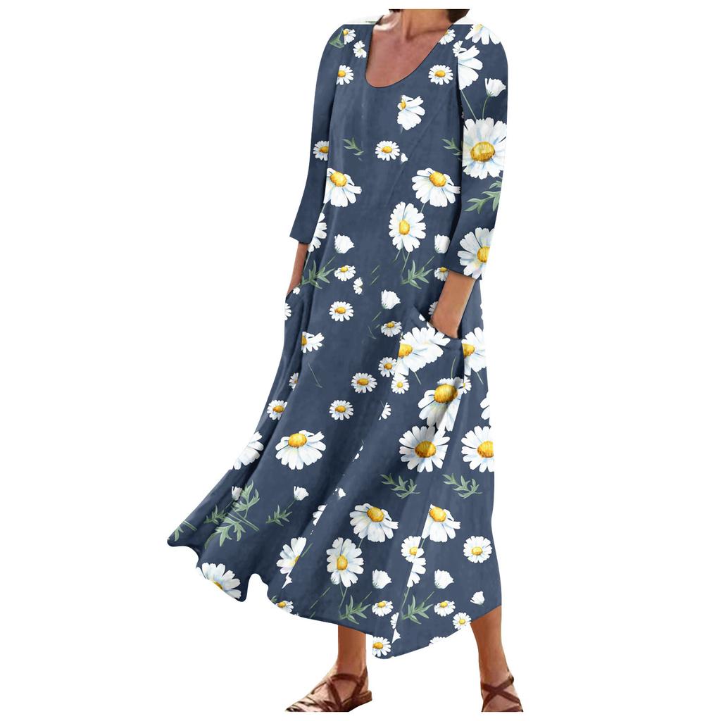 Women's Fashion Casual Print Round Neck 3/4 Sleeve Loose Pocket Dress