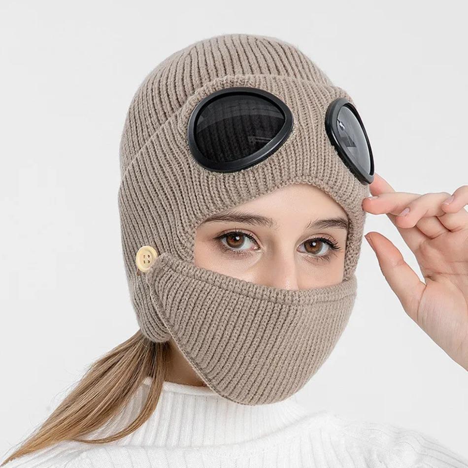 Høst og Vinter Varm Lue Ny Pilotbriller Ørebeskyttelse Pluss Fløyel Varm Ull Strikkelue med Maske