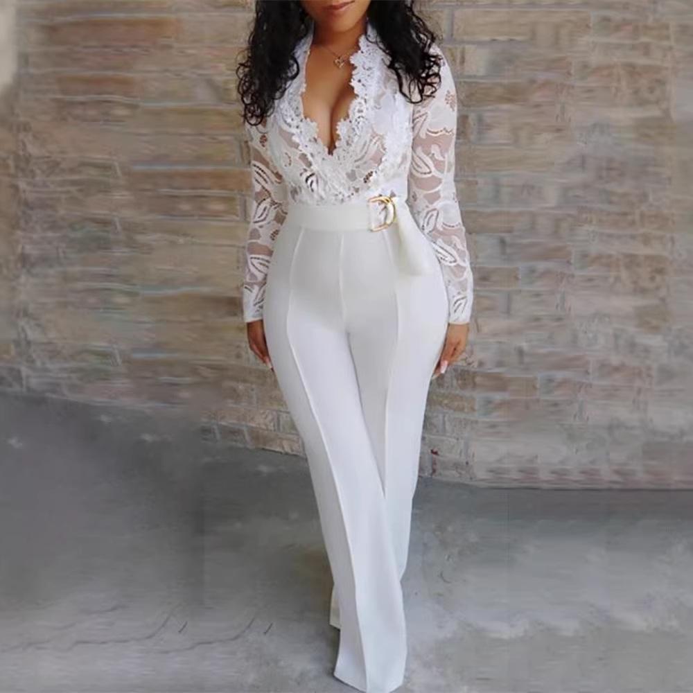 Women s Deep V Neck Lace Long Sleeve High Waist Solid Color Wide Leg Belted Elegant Party Formal Jumpsuit S белый