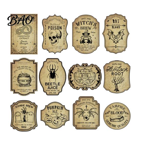 Decorative Labels for Party 12Pcs Halloween Wine Bottle Labels, Vintage Retro Stickers with Witch Skull Zombie Theme Beverage Bat Pumpkin Design,