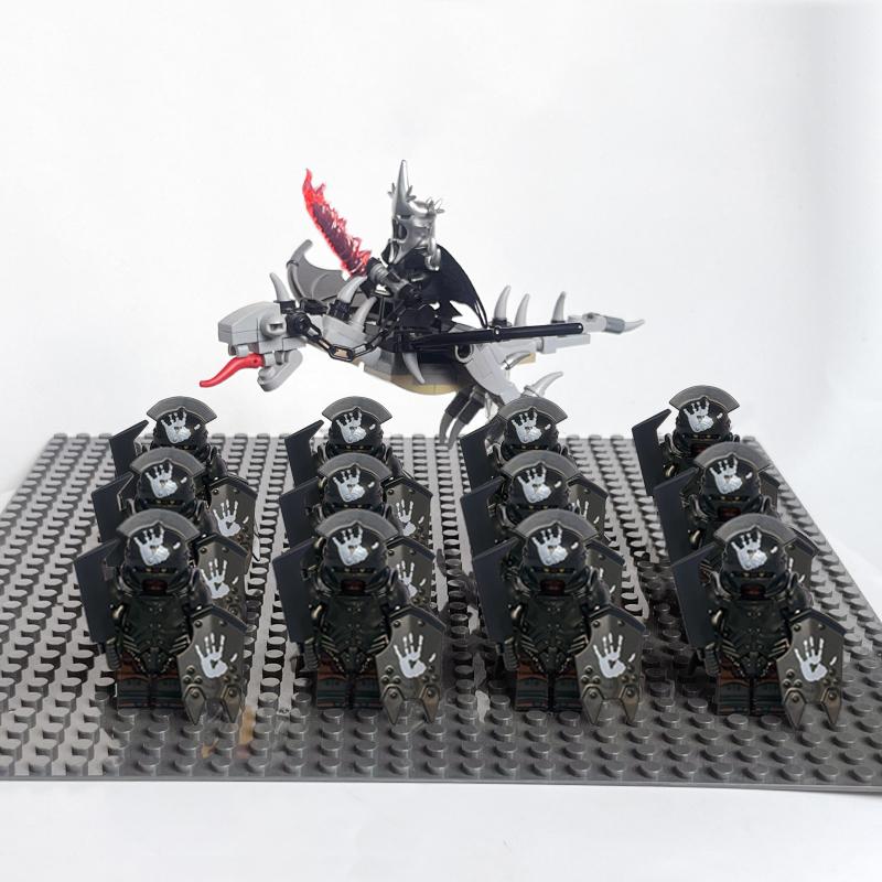 14pcs MOC Medieval Dwarf Warrior Elves Knights LotR Uruk-hai Orc Rohan Soldier with Witch King Leader Figure Building Block Toys