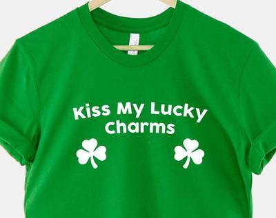 Funny Saint Patrick's Day Shirt: Kiss My Lucky Charms (Green Cotton)