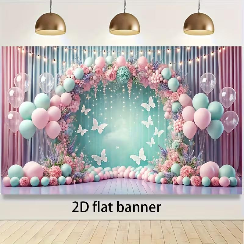 2D Soft Pink Mint Curtain Backdrop, Balloon and Butterfly Background for Wedding and Gender Reveal