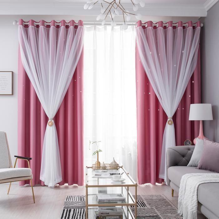 2 Panneaux - Double rideau - Motif étoile creuse - Occultant - 100 x 250cm - Rose-pour Salon et Chambre