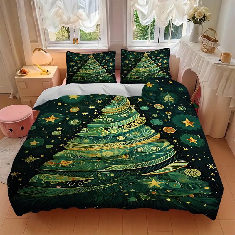 3pc Christmas Tree Decorations Cover Set - 1 Quilt Cover + 2 Pillowcases, All Seasons Bedroom Setting, Perfect for Home054
