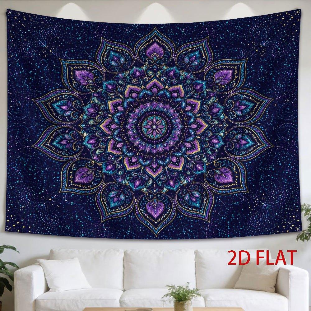 2D Flat, 1pc 2D Flat Tapestry Purple and Blue Cosmic Mandala Tapestry, Intricate Symmetrical Pattern with Glowing Floral Motifs Against Starry Night B