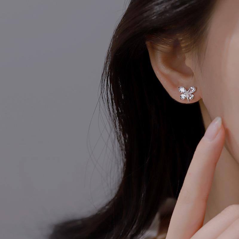 Zircon Butterfly Stud Earrings for Women - Simple, High-End, Trendy Design.