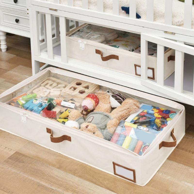 Foldable Under Bed Storage Box for Clothing and Bedding Clothes Organizer with Front and Side Handle and Label Holder