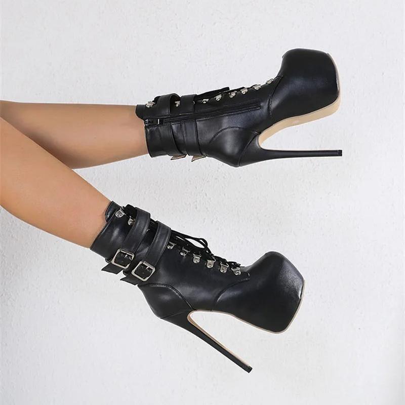 Women's Sexy Buckle Strap 16.5 CM Extreme High Heels Platform Boots for Womens Round Toe Cross Lace Up Party Club Stripper Shoes
