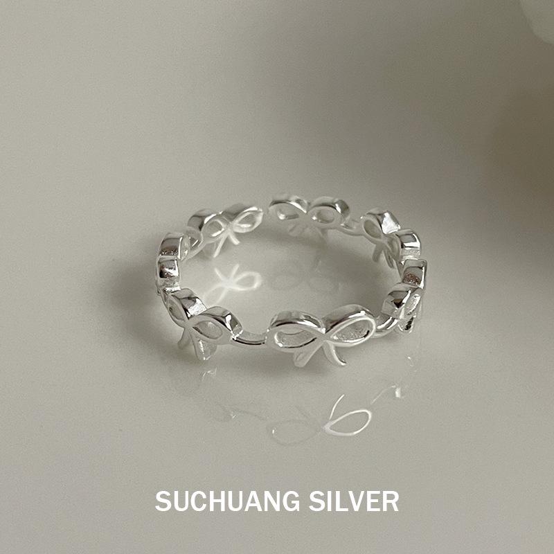 Su Chuang S925 Sterling Silver Bow Ring: Gentle, Sweet, Stackable, Adjustable Index Finger Ring for Women. Adjustable Open