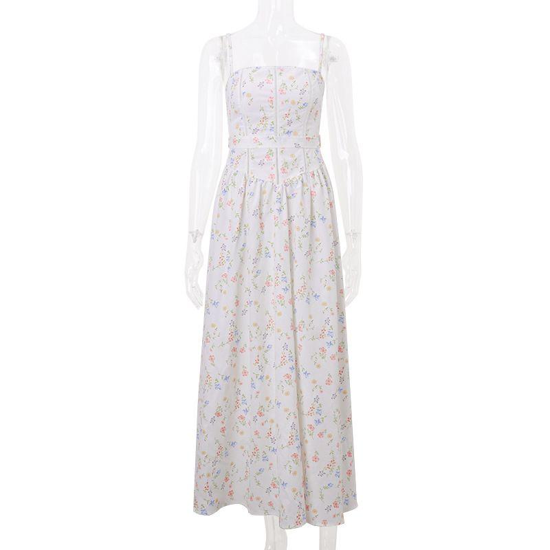 

Western Style Ins New Fashion Temperament French style Pastoral Vacation Floral Long dress Sexy Backless Sling Dress Flower color L