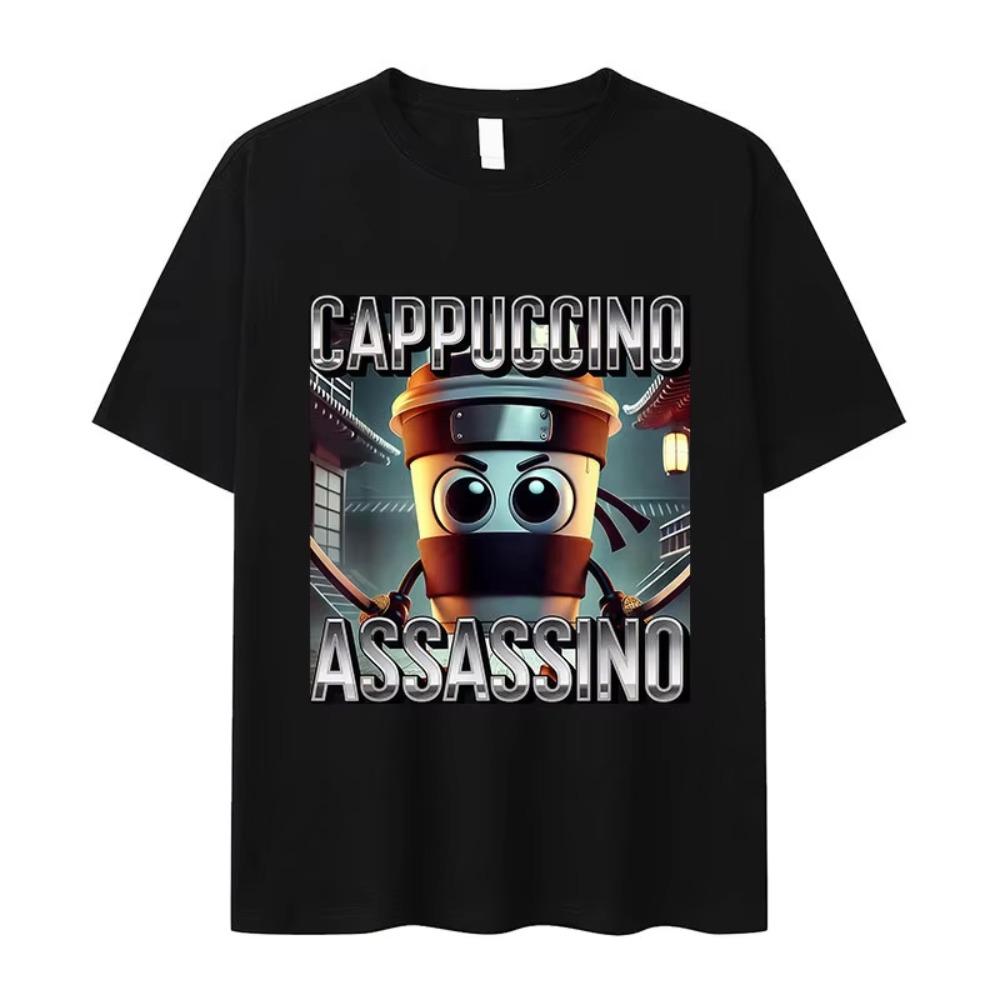 Italy Brainrot Fun Cappuccino Pattern Printed T-shirt Kawaii Short Sleeve T-shirt Round Neck Men's Comfortable T-shirt