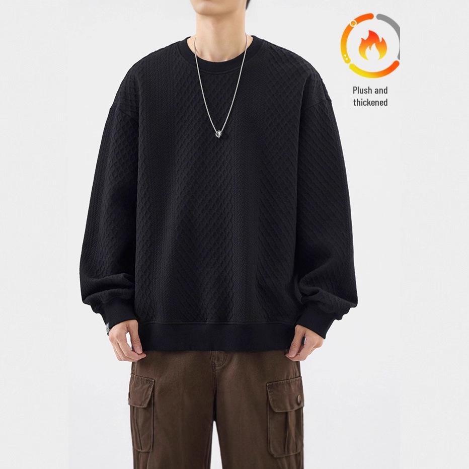 Trendy Men's Heavyweight Jacquard Round Neck Hoodie - Autumn/Winter Plus Velvet Long Sleeve Casual Top