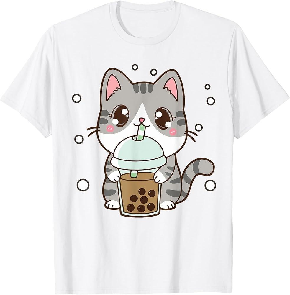 Cute Cat Boba Tea Teen Girl Women Japanese Anime Graphic Tee TShirt Unisex T-Shirt