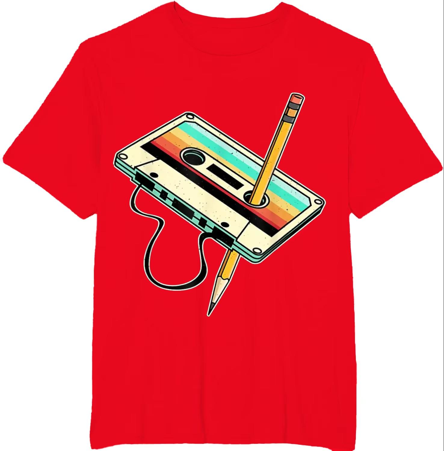 80s Cassette Tape Pencil 1980s Retro Vintage Throwback Music TShirt Men Clothing Vintage TShirts Camisetas Oversized Tshirt S