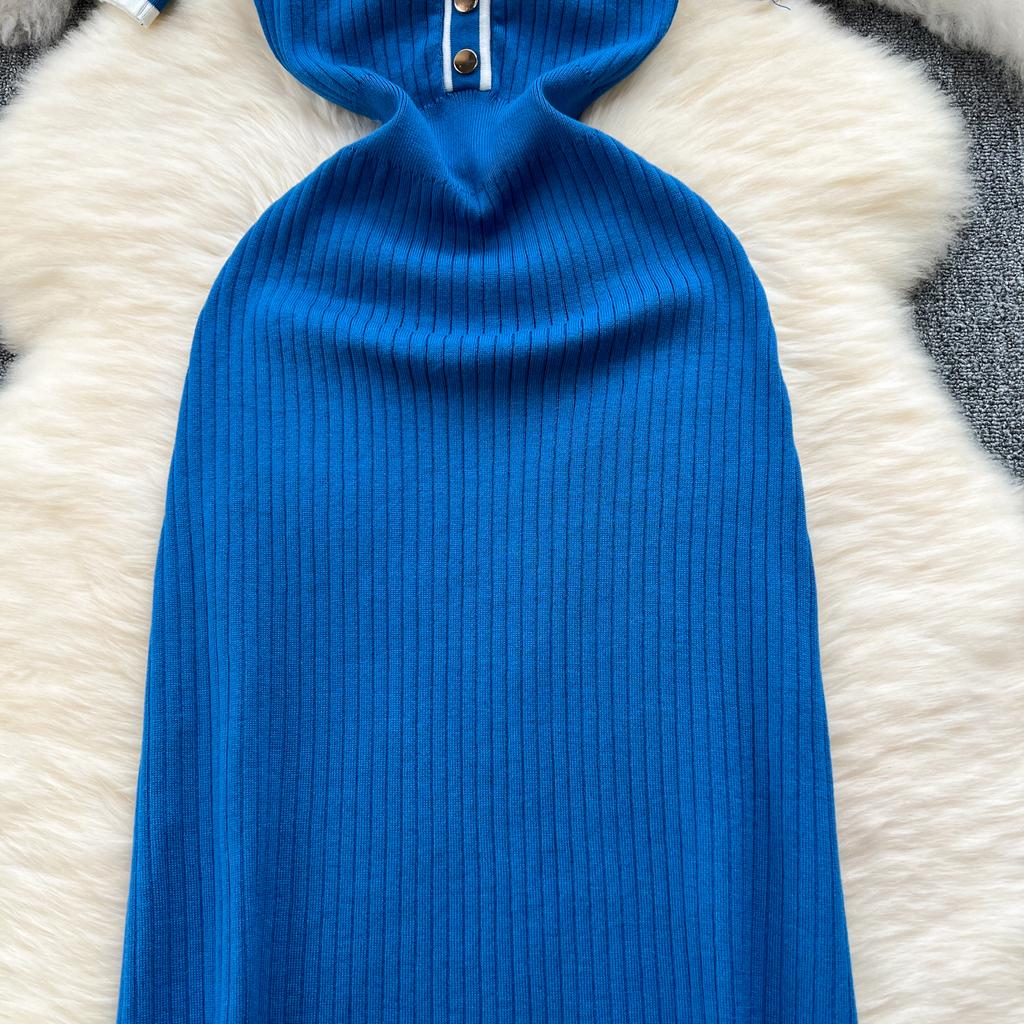 New Summer Women's Polo Knitted Dresses Colorblock Elegant Short Sleeve Buttons Bodycon Wrap Dress Female Dress