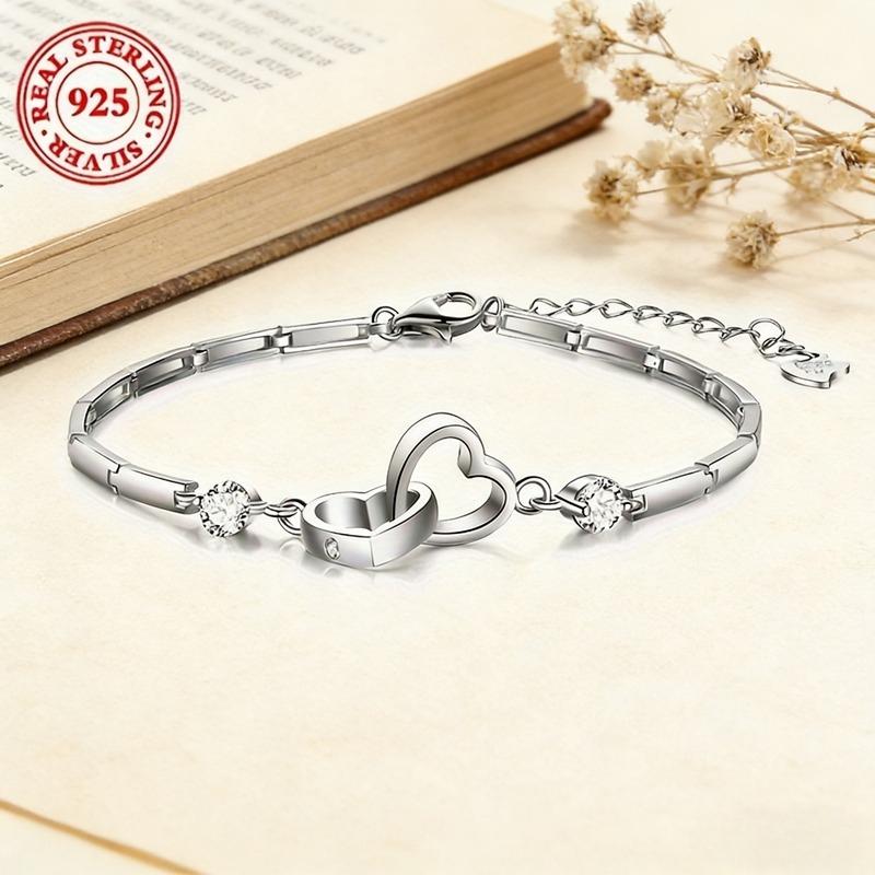925 Sterling Silver Double Heart Bracelet Set Elegant and Fashionable Women's Chain Bracelet Valentine's Day and Mother's Day Gift