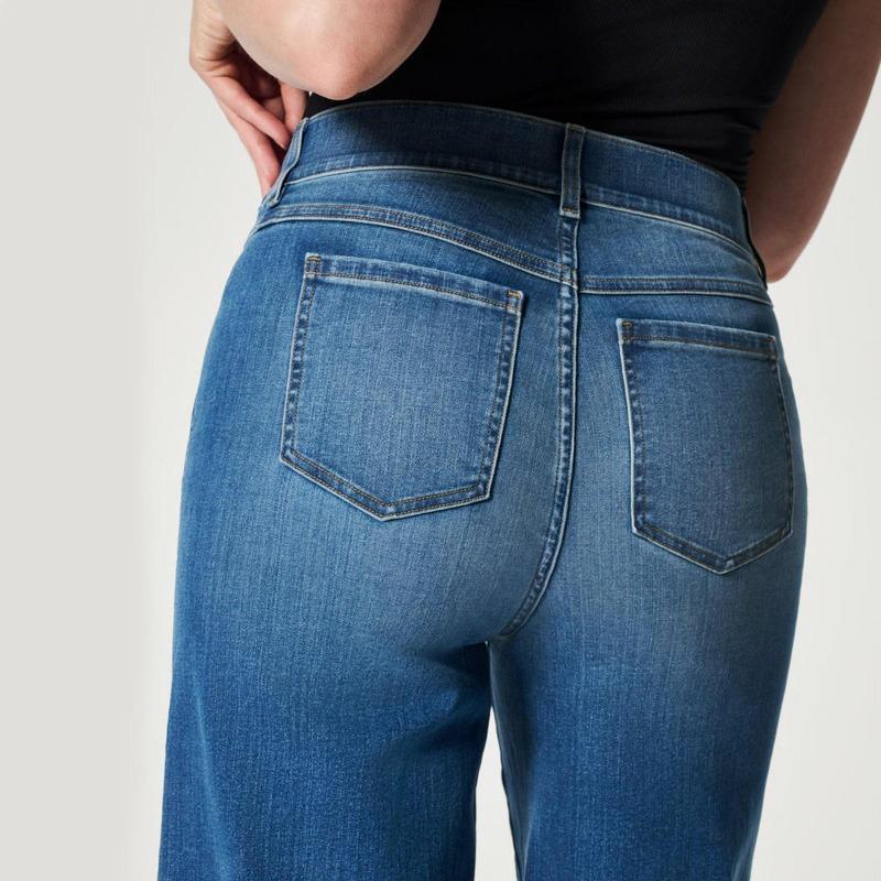 Neue Jeans mit weitem Bein für Damen, gesäumte Jeans mit weitem Bein vorne, einfarbig, lässige Modehose