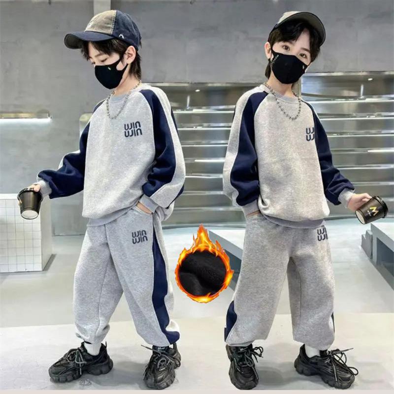 

Зимние теплые комплекты для мальчиков, детские флисовые осенние костюмы с толстовками, детские утепленные толстовки + брюки, наряды, подростковая бархатная одежда 140 серый