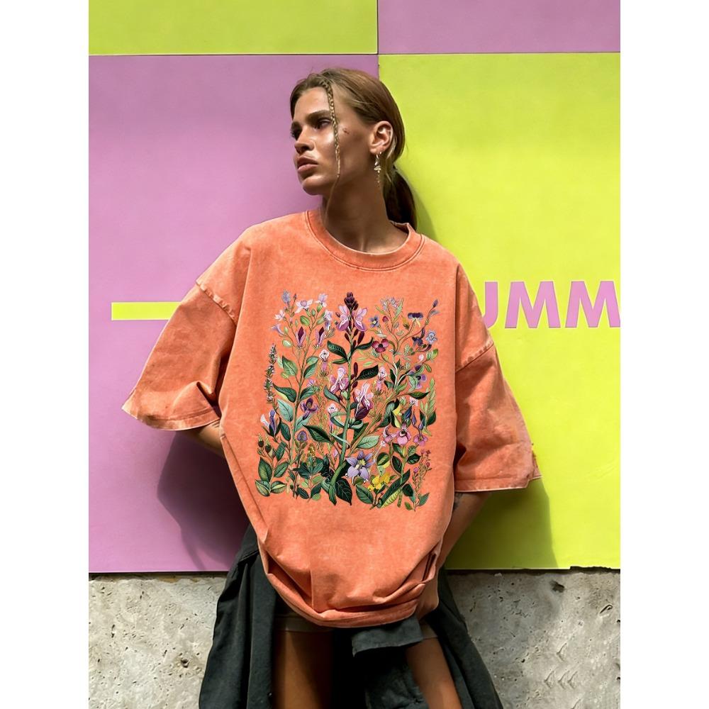 With Different Beautiful Flower Prints, Women s Washed T-shirts, Summer Loose T-shirts, Round Neck Clothes, All-match Streetwear M