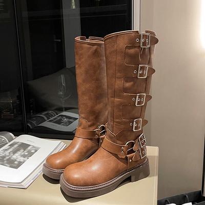 Knee High Platfrom Boots Woman  Leather PU Studded Knight Combat Gothic Elegant Heel Shoes for Women Motorcycle Shoes Botas