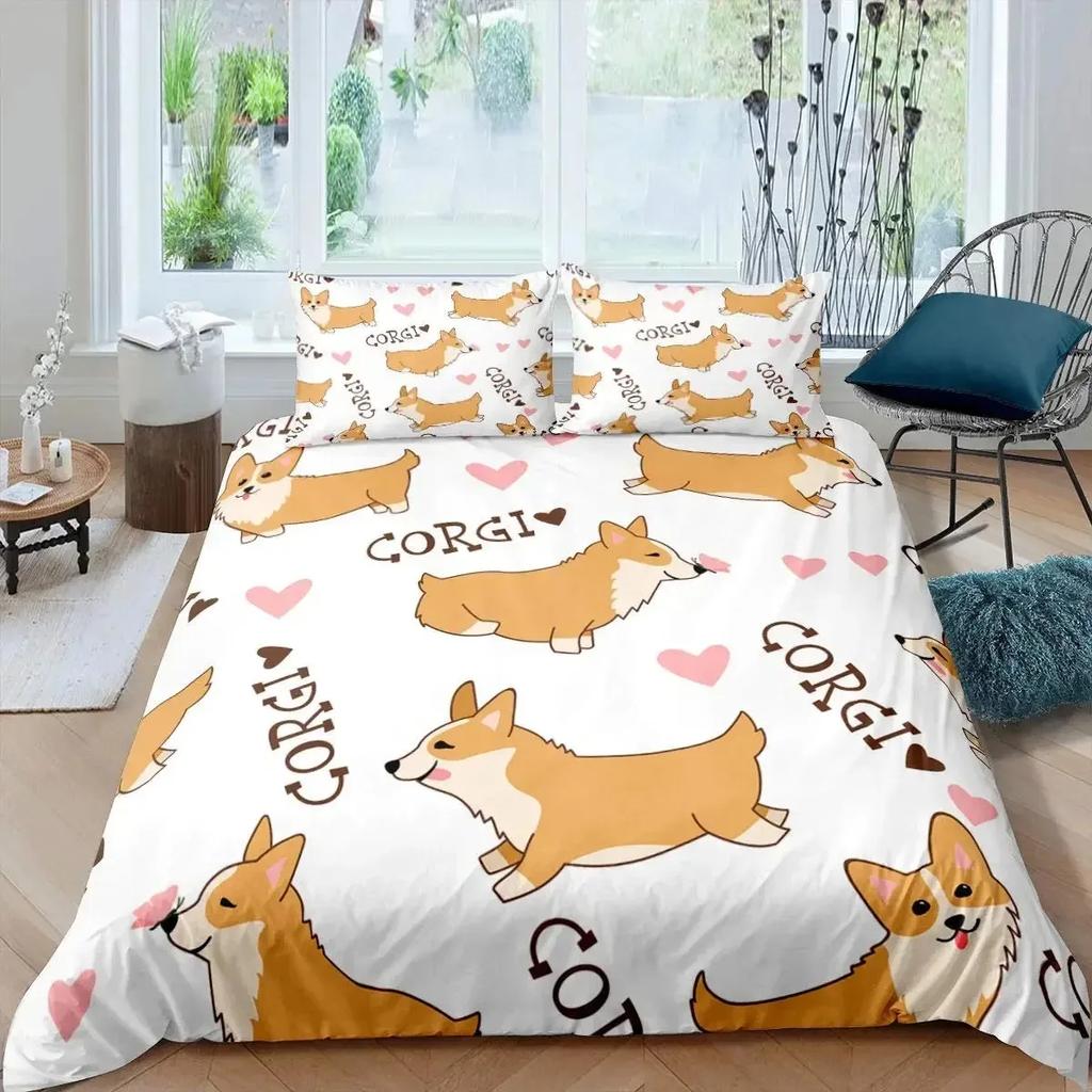 Pug Corgi Shiba Puppy Duvet Cover Set Dog Comforter Cover I Love Dogs Bedding Sets Kawaii Animals Cartoon Bedspreads Full Size