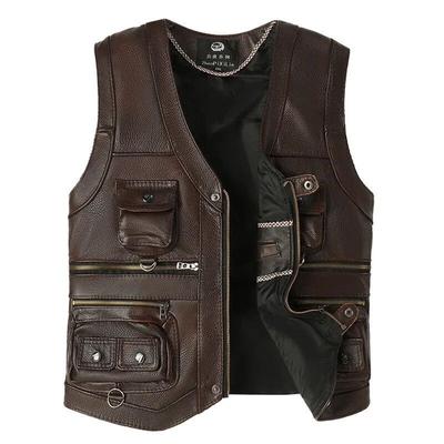Vest for menn Kuskinn Vest i ekte skinn Herre Brun vest Herre Ermeløs jakke Tykk motorsykkelvest Glidelås med flere lommer