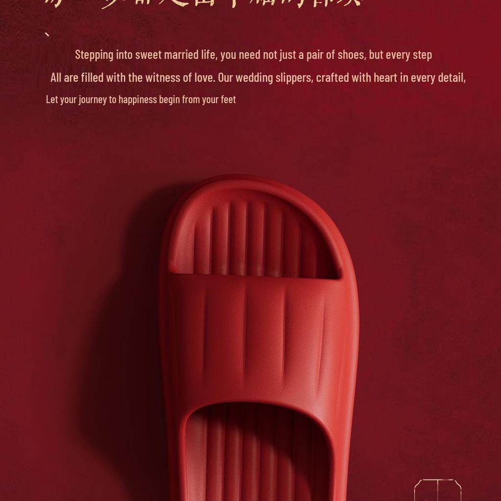 Couples' Festive Red Wedding Slippers: Non-slip, Lightweight Indoor Sandals