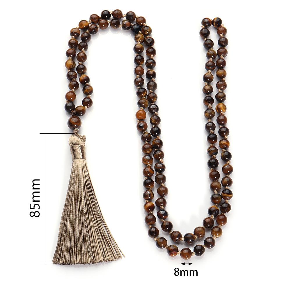Collana con Perle di Pietra Naturale da 108 con Nodi e Nappe Occhio di Tigre Giallo per Meditazione Yoga Preghiera e Catena per Maglione