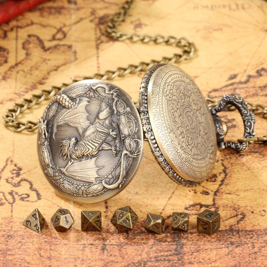 Metal Dice Set with Dragon Pocket Watch Case 7 Dices Portable Vintage Multi-side Game Dice Family Night Party Board Game