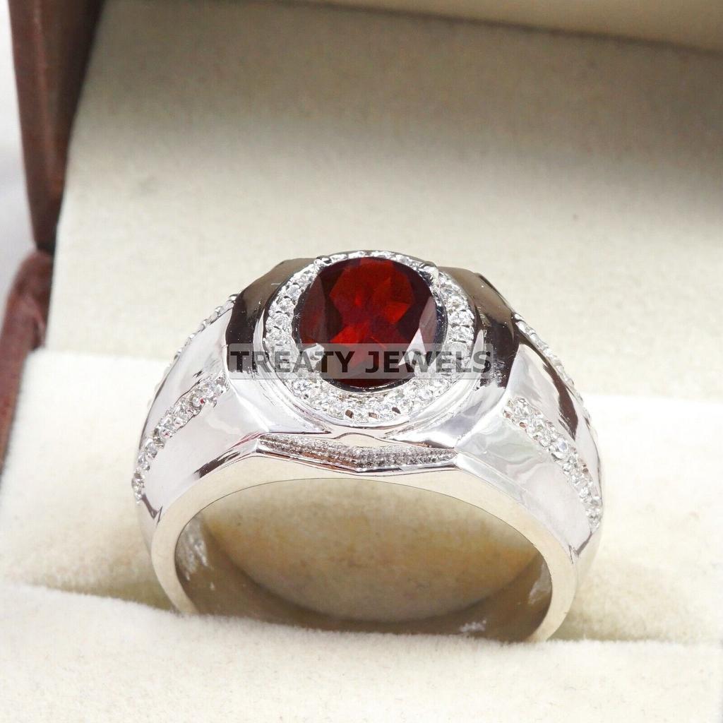 Garnet Oval Cut Gemstone With 925 Sterling Silver Ring For Men's #B107 JL375671448798