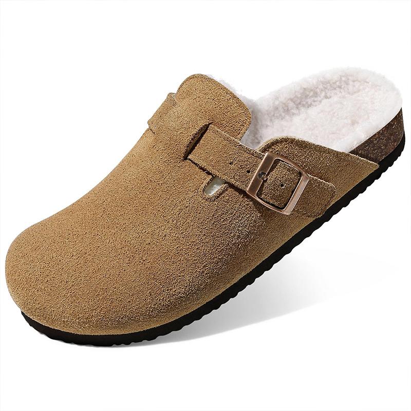Fashion Kidmi Women's Slippers with Adjustable Metal Buckle Fashion Fur Lined Suede Clogs Cork Footbed Mules Slip On Winter Potato Shoes