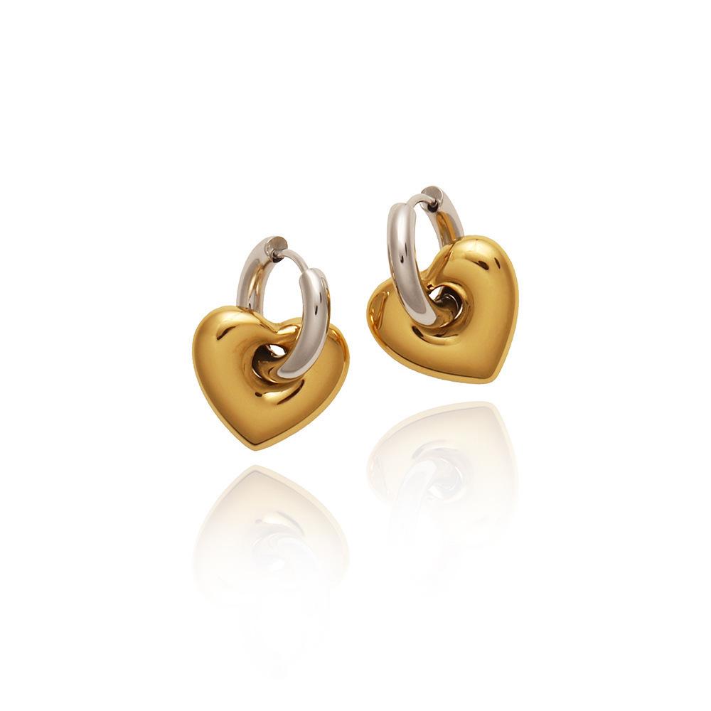 French Niche Color-Block Heart Earrings, Korean Style, Silver-Tone Titanium Steel