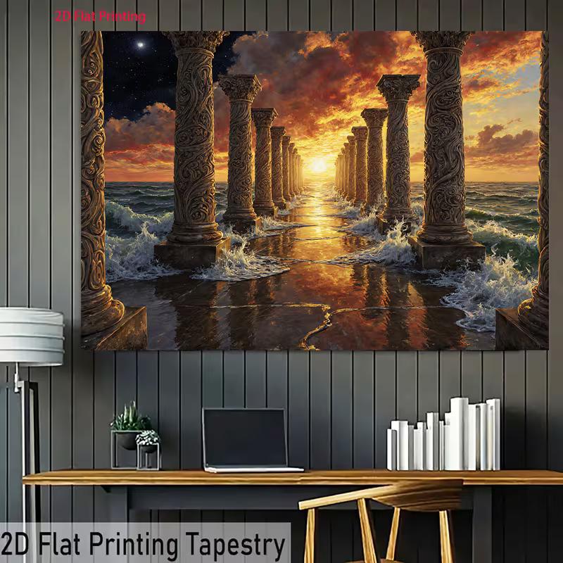 2D Roman Pillar Sunset Ocean Backdrop Vintage Architecture Fantasy Landscape Background for Photoshoot