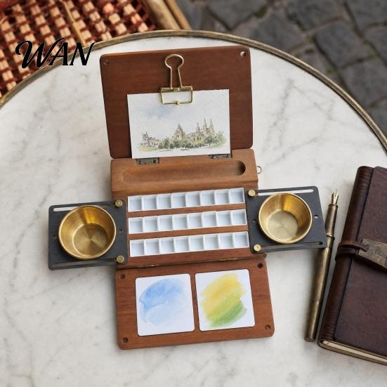 24-grid Paint Palette 24-Grid Watercolor Box, Travel with Brush Cup Holders, Metal Sliding Holder Two Mixing Areas, Wooden Portable Paintbox