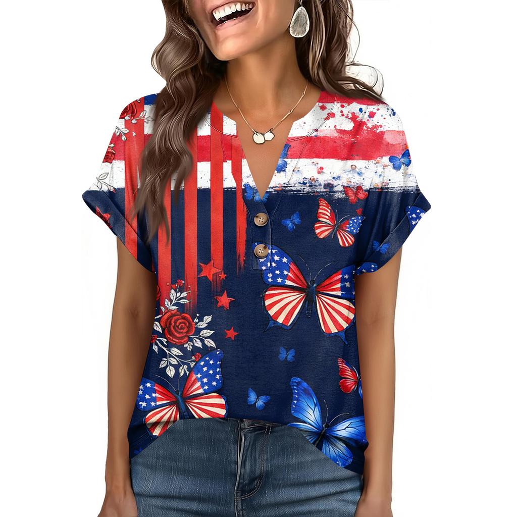 Women's Fashionable Casual Loose-Fit Short-Sleeved Button-Up V-Neck Printed T-Shirt Top
