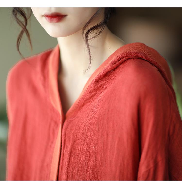 Sommar Retro Bomull Linne Huvförsedd Kofta: Solskyddstopp med lång ärm i plusstorlek