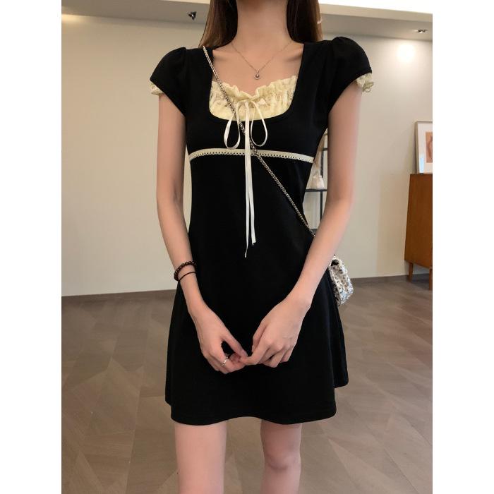 Women s French Lace Patchwork Lace-Up Dress - Summer Slimming H-Line Skirt S