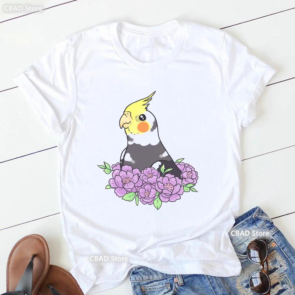 Cute Cockatielsparrot Bird Lovers Print T Shirt Girls Sunflower Flowers Tshirt Unisex Harajuku Kawaii Clothes Summer Tops Tee