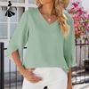 Moda feminina casual verão primavera cor sólida estampa 1/2 mangas com decote em v blusas e camisas