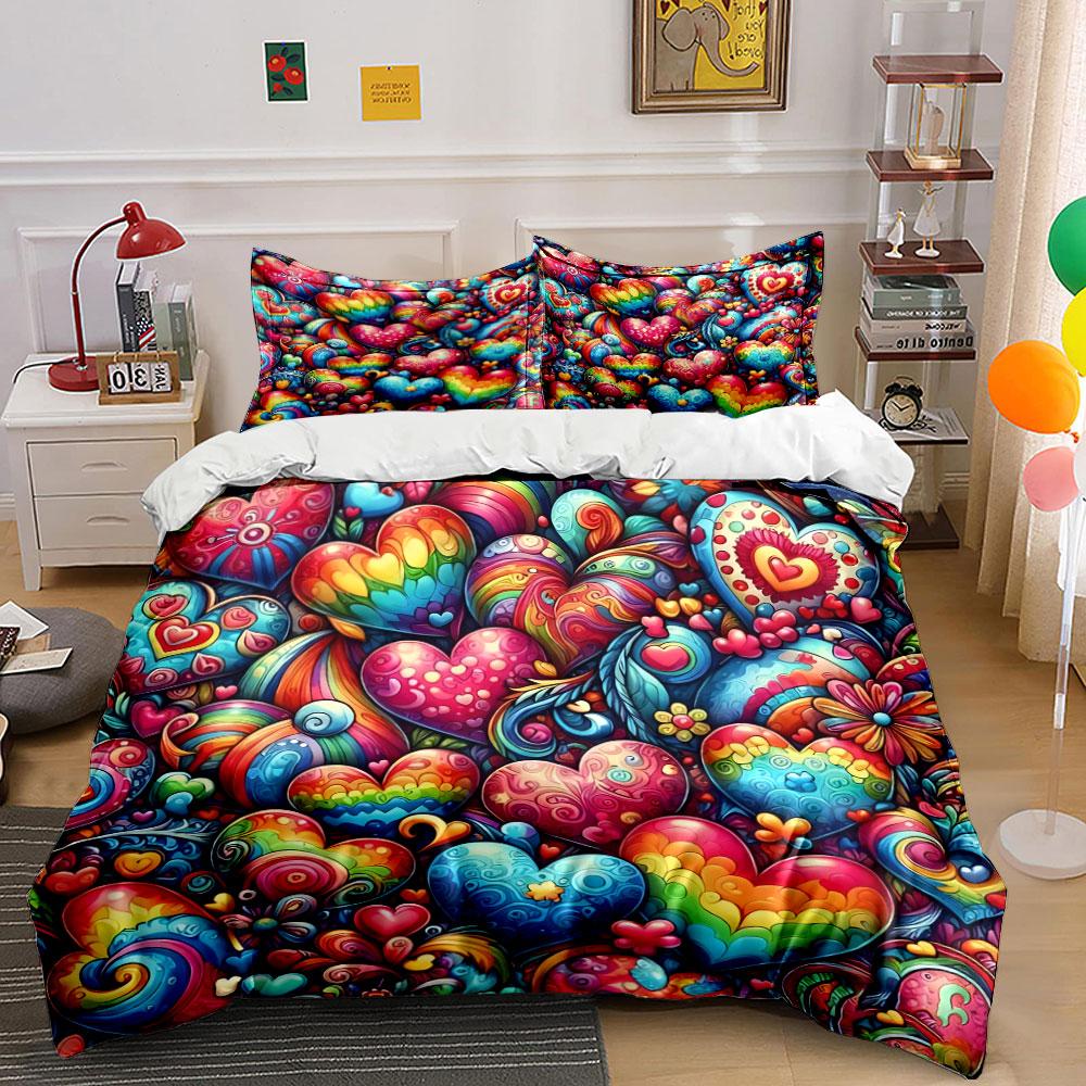 Colorful Heart Pattern Decor Set Soft Comfortable Duvet Cover Bedding Set Included 1*Duvet Cover & 2*Pillowcases, Gift