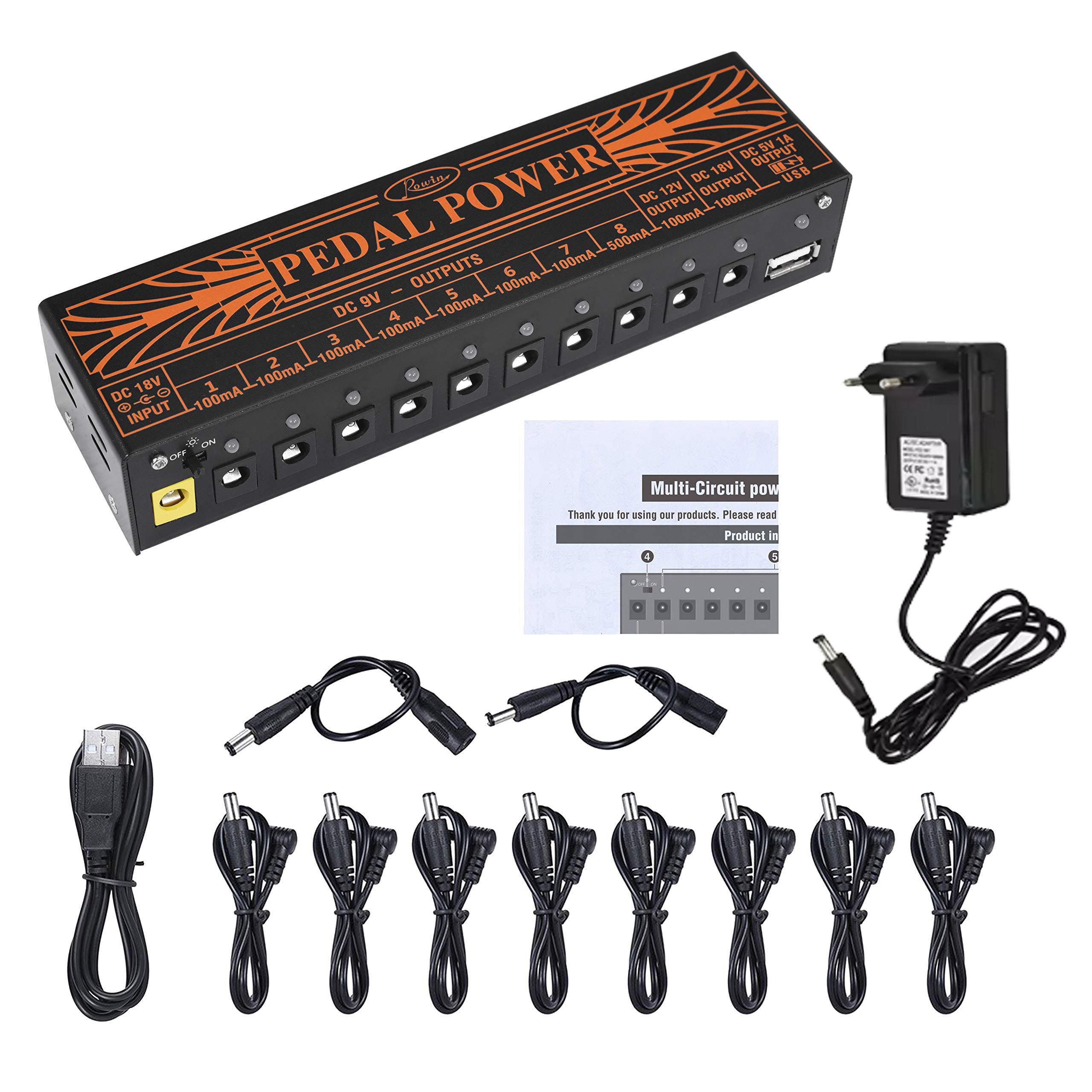 Блок питания для гитарных педалей Rowin PW-01, 10 изолированных DC выходов для педалей гитарных и басовых эффектов 9В/12В/18В, с USB зарядкой-
